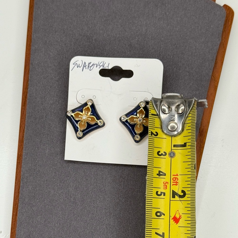 Vintage Swarovski Swan Logo Navy Enamel Gold Floral Crystal Clip-On Earrings - Picture 7 of 7